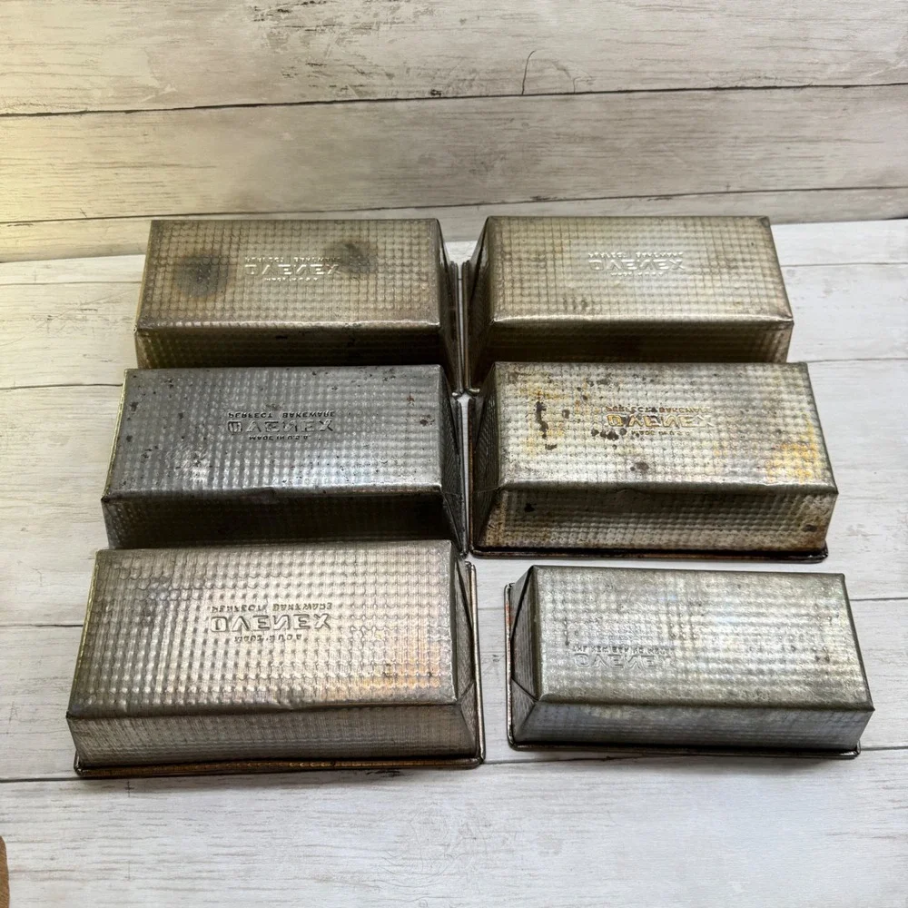 Vintage Ovenex Tin Loaf Pan Set 6pc Waffle Texture Ekco No 7 No 2 Silver Rust